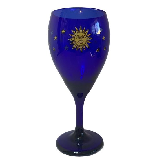 Vintage Libbey Cobalt Blue Glass Celestial Sun Moon & Stars Wine Glass 7… - Picture 3 of 7